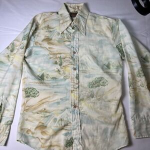 Vintage 70s Men's Shirt Unknown Size Beige Mountain Print Disco Sun's Ray Shirts